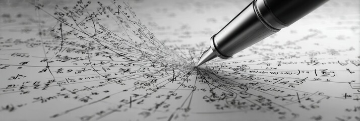 Mathematical Formulas Flowing From a Pen Creating an Abstract Design on a Blank Page in a Creative Space