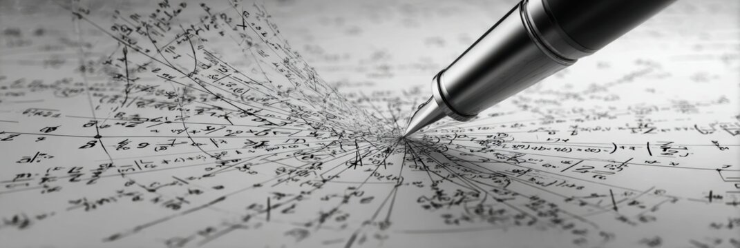 Mathematical Formulas Flowing From a Pen Creating an Abstract Design on a Blank Page in a Creative Space