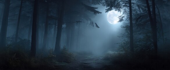 Obraz premium The enchanting moon illuminating a misty forest path in the night.