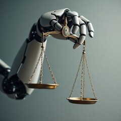 robotic hand holding a classic scale of justice, symbolising  artificial intelligence in law and justice systems
