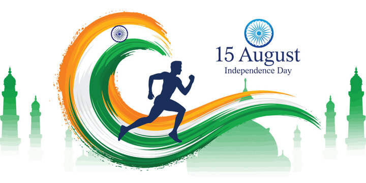 Dynamic illustration of 15 August India Independence Day with running figure, national colors, Ashoka Chakra, and iconic architecture