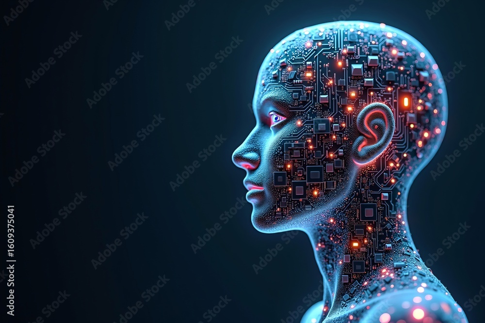 Aufkleber artificial intelligence and human technology integration with glowing circuit board patterns in futu
