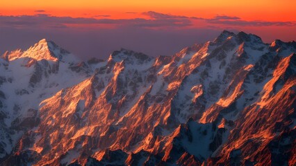 An orange and red evening sky with clouds over a mountain peak at dusk