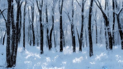 White winter forest scene with icy trees and a frozen path