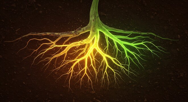 Vibrant glowing roots underground symbolizing interconnected plant energy and sustainable growth concept