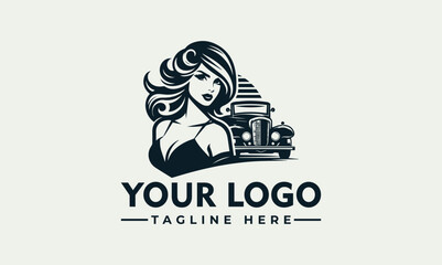 A stylized logo featuring a woman with flowing hair and an antique car against a striped background.