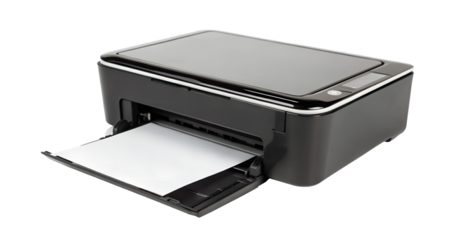 Modern black compact inkjet printer with paper output tray extended and paper inside isolated on transparent background