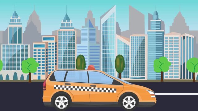 Taxi car driving on the road in front of a city, cartoon animation