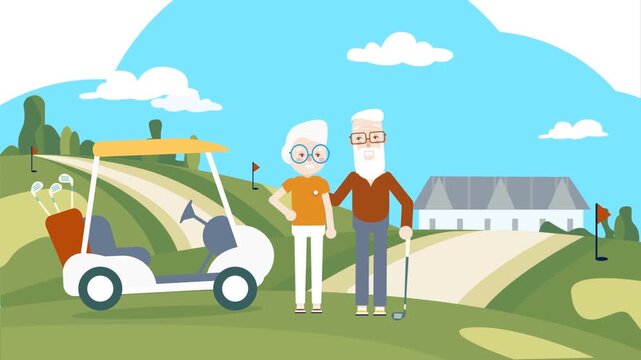 Animated golf cart riding in green field under sunny sky symbolizing leisure and outdoor sports