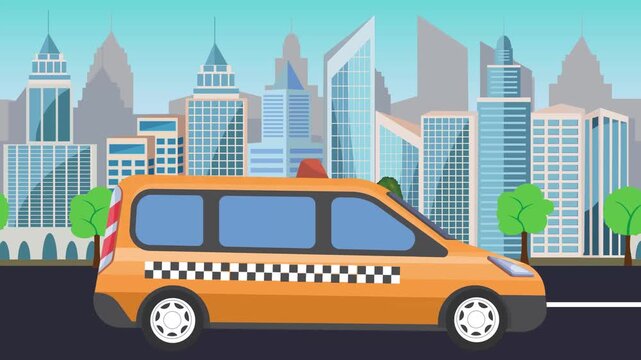 Taxi car driving on the road in front of a city, cartoon animation