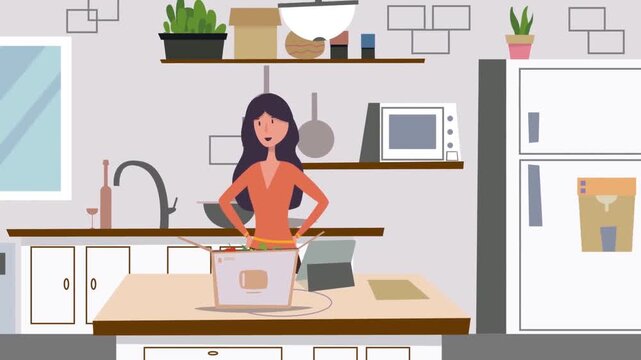 Woman working on laptop in kitchen while preparing food in multitasking animated home environment