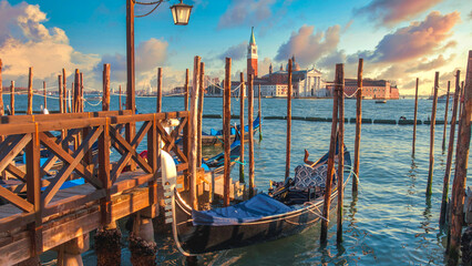 great view of the city across the water in Venice at sunset.