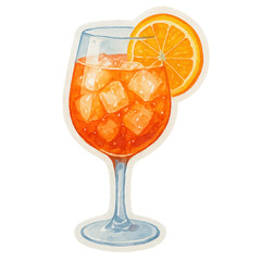 Glass of Aperol Spritz with ice cubes and orange slice. Isolated watercolor sticker with white border on transparent background. Classic Italian cocktail