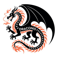 A traditional Japanese black dragon tattoo with a red ribbon
