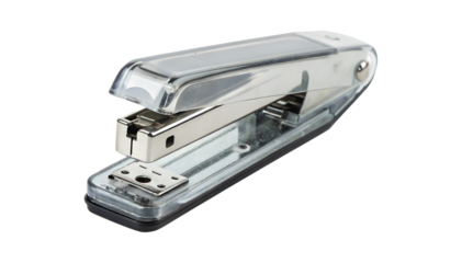 Shiny chrome metal office stapler for fastening paper documents together isolated on transparent background