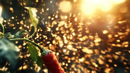 A red chili pepper with water droplets, bathed in warm sunlight - Powered by Adobe