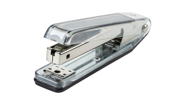 Shiny chrome metal office stapler for fastening paper documents together isolated on transparent background