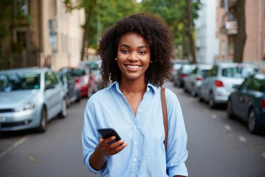Portrait of beautiful african american woman using smartphone on city street smiling