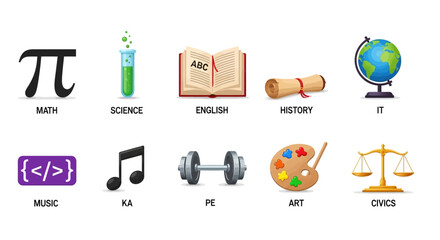 A collection of illustrated icons representing different school subjects and academic disciplines.