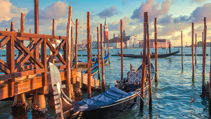 great view of the city across the water in Venice at sunset.
