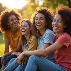 Obraz premium Group of diverse friends laughing hysterically together in a sunny park, radiating joy, happiness, and genuine connection during a beautiful summer day