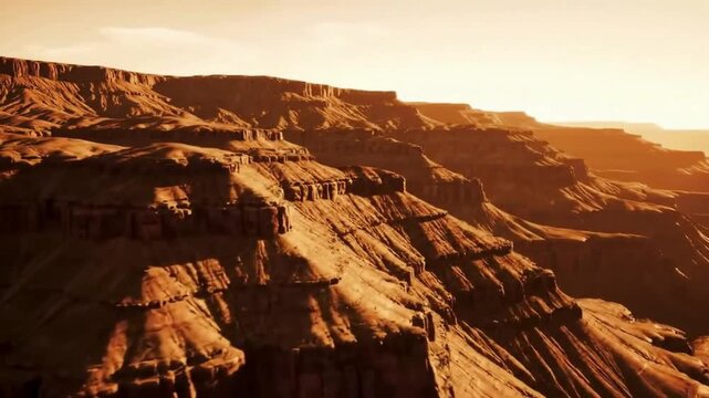 Stylized cinematic animation of the Grand Canyon with layered cliffs and vast desert terrain The camera glides parallel to the edge capturing epic views, sunlight