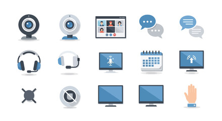 Collection of icons representing video conferencing, including webcams, headsets, monitors, chat bubbles, calendar, microphone mute, and a raised hand.