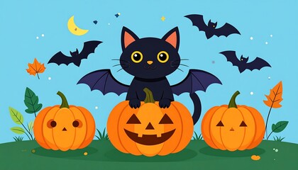 Cute black cat with bat wings atop Halloween pumpkins