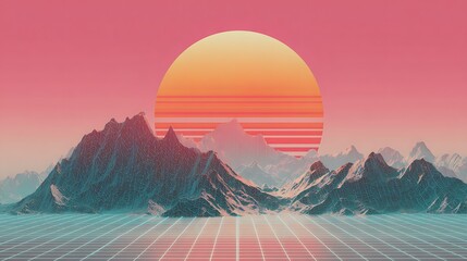 Retro neon grid sunrise over abstract mountain silhouette pastel pink and teal color palette reminiscent of 1980s