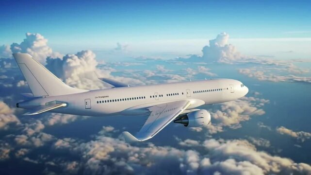 Cinematic animation of a stylized white airplane flying high above the clouds in a clear blue sky, camera gently orbiting from front to side as soft sunlight reflects off the aircraft in motion