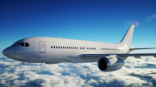 Cinematic animation of a stylized white airplane flying high above the clouds in a clear blue sky, camera gently orbiting from front to side as soft sunlight reflects off the aircraft in motion