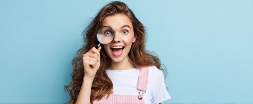 The young girl joyfully exploring with a magnifying glass on a blue background. - Powered by Adobe