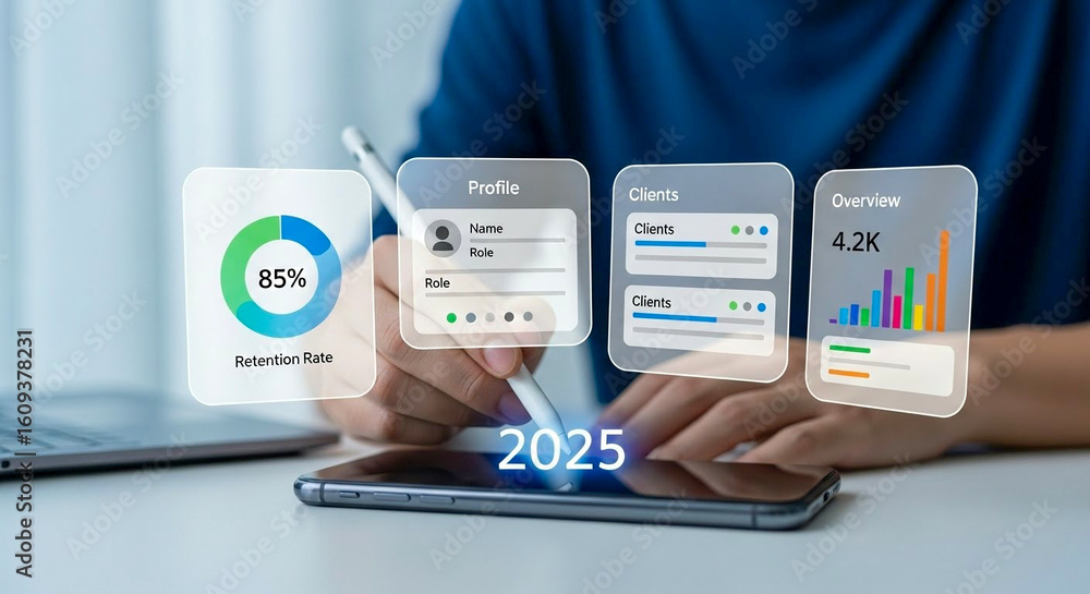 Poster futuristic analytics dashboard, user interacting with retention rate and client profile on tablet, f