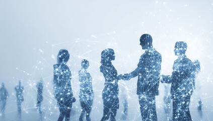 Silhouettes of people networking, connected by digital lines