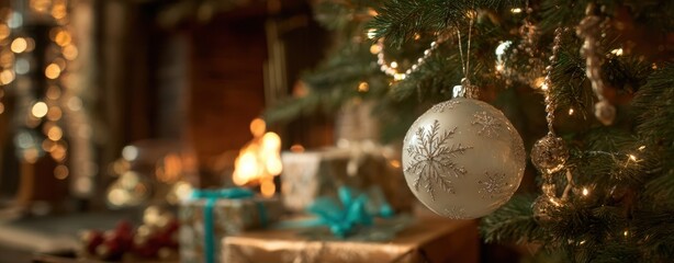 The beautiful Christmas tree ornament hanging delicately against a festive backdrop.
