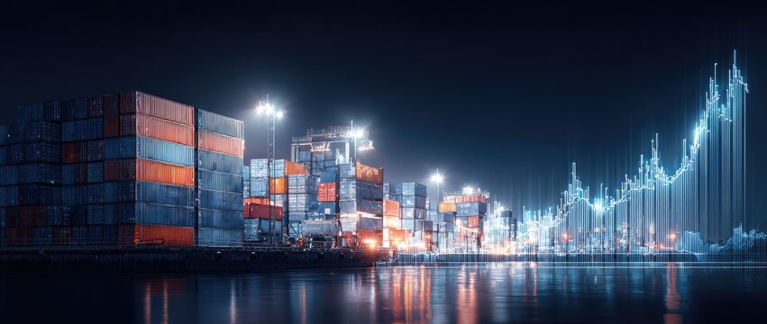 Night port with glowing data overlay