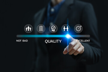 Quality level, Customer satisfaction and service concept, Businesswomen touch on quality level bar, Top level to excellent, Quality control of product, Best business practices, Continuous improvement