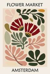 Flower market print Amsterdam. Contemporary botanical art perfect for posters, wall decoration, cards, etc. Concept vintage style abstract floral vector illustration.