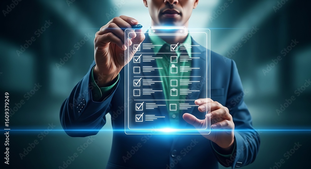 Aufkleber a man in a suit is marking off items on a checklist with a pen showing completion and attention to d