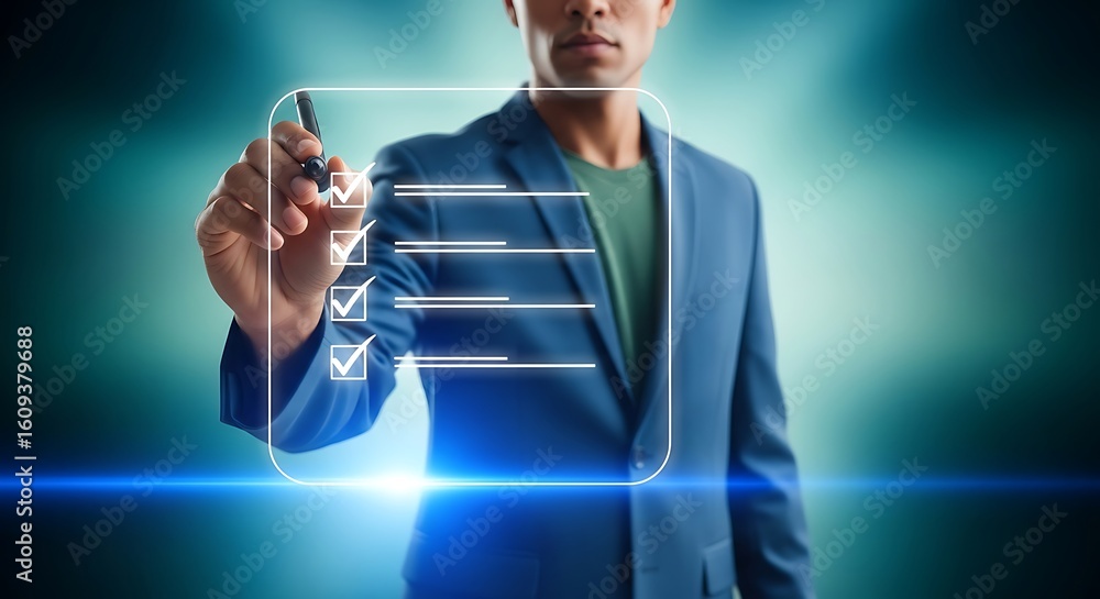 Aufkleber man in blue suit ticks boxes on a digital checklist marking completed tasks with pen on transparent 