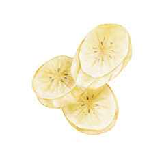 Watercolor illustration of three overlapping banana slices. Hand-painted in delicate yellow tones, these slices show fine texture and natural details. Ideal for tropical, healthy food, or vegan-themed