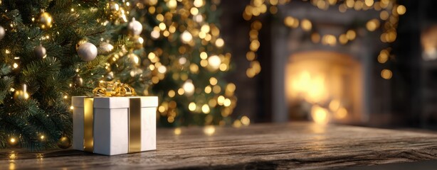 The beautifully wrapped gift next to a decorated Christmas tree and glowing fireplace.