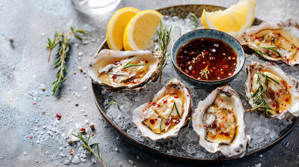 Fresh oysters with lemon and chili sauce on a rustic plate  