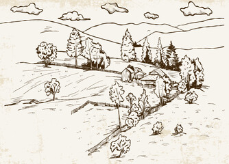 Hand-drawn monochrome landscape in vintage style with pasture, cattle fence, wooden houses and trees on a light background with texture.