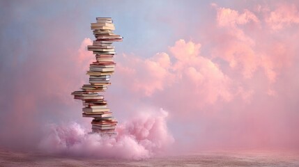 Obraz premium Towering stack of books floating in a cloud.