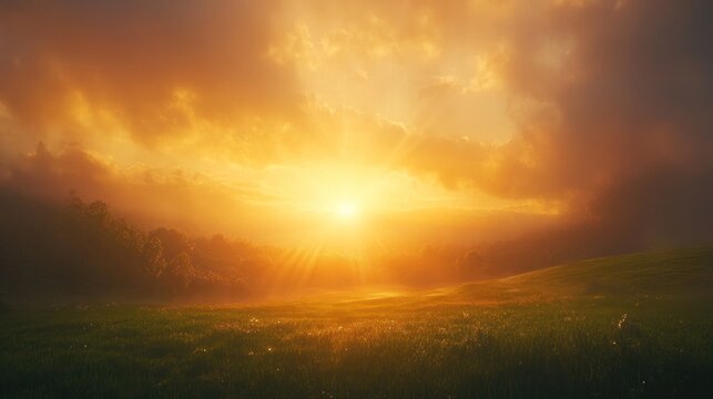 Golden sunlight bursts through clouds over a green field, trees in distance
