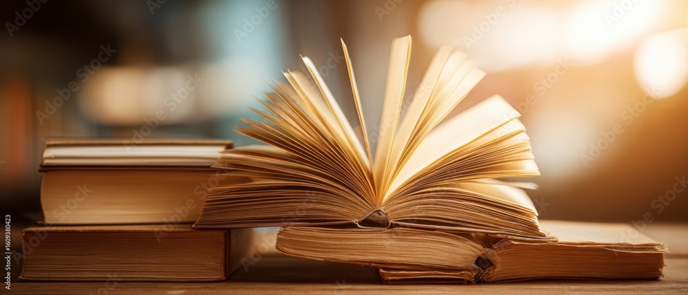 Poster the open book on a stack of books illuminated by warm sunlight.