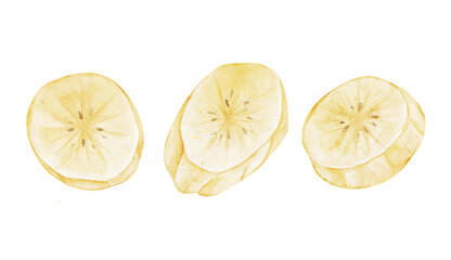 Watercolor illustration of three individual banana slices laid out horizontally. Hand-painted with detailed texture and soft yellow tones. Perfect for healthy eating, fruit-themed graphics, or organic