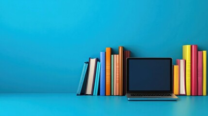 Laptop on desk, books behind, against a bright blue background