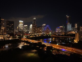 Beautiful Austin skyline at night with a stunning aerial drone view